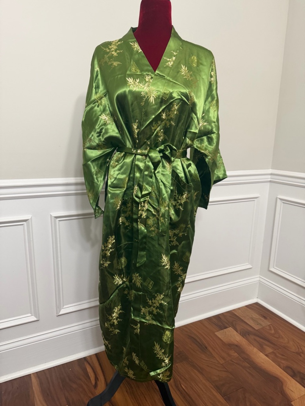 Qiongyu Vintage Green Gold Brocade Satin Kimono Robe XXL Floral Bamboo